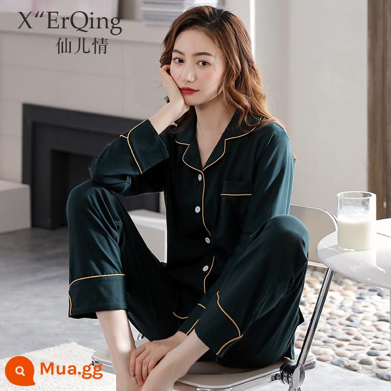 Bộ đồ ngủ nữ cotton nguyên chất dài tay mùa xuân và mùa thu đông áo len cỡ lớn rời mẹ trung niên phục vụ tại nhà mùa hè phù hợp với mỏng - C11104 màu xanh đậm