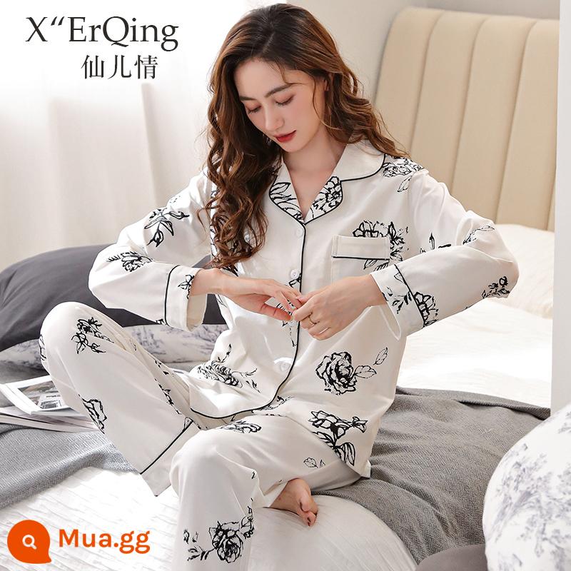 Bộ đồ ngủ nữ cotton nguyên chất dài tay mùa xuân và mùa thu đông áo len cỡ lớn rời mẹ trung niên phục vụ tại nhà mùa hè phù hợp với mỏng - C6786 Hoa Trắng Tinh Khiết