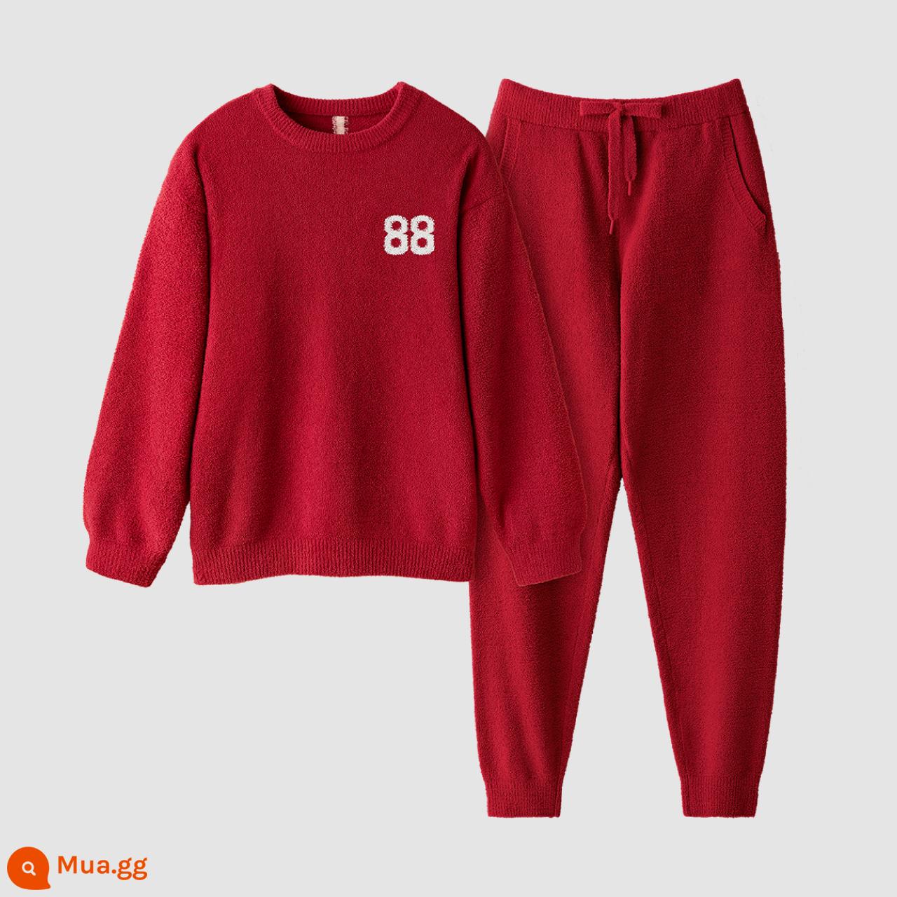 [Cùng phong cách với Wang Yibo] Jiao Nei Velvet 500E Half Velvet Pyjama cho nam và nữ Bộ đồ mặc nhà kháng khuẩn mùa thu đông - Áo cổ tròn nam - đỏ may mắn