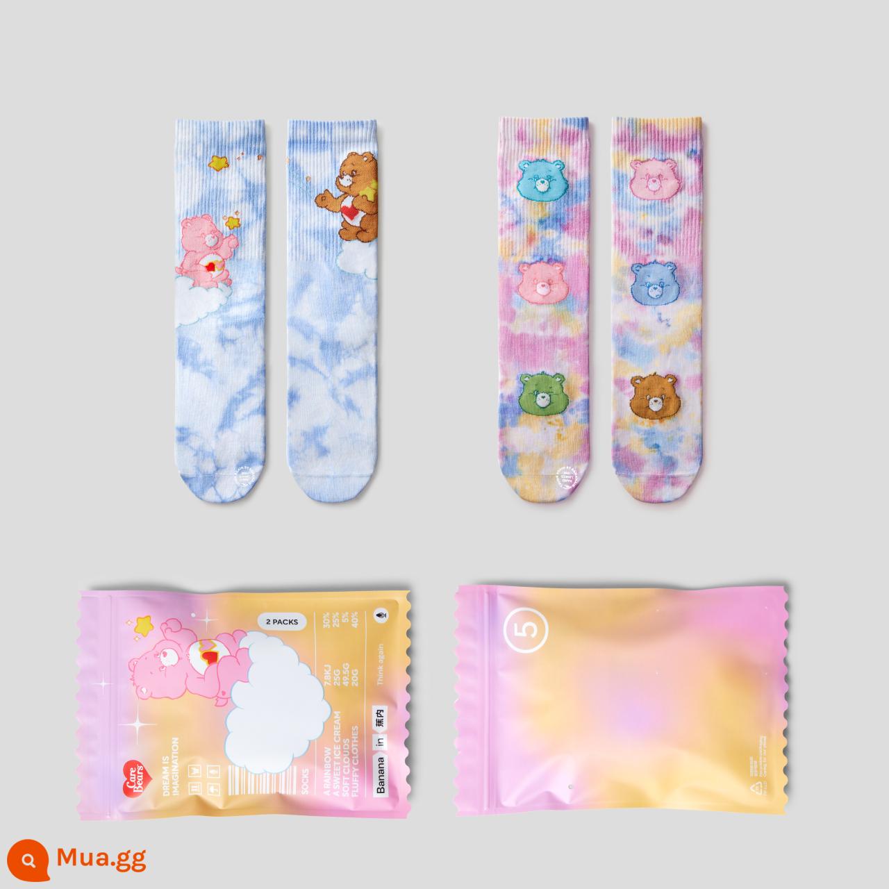 Bananai×CareBears chung yêu gấu vừa vớ cặp đôi Tặng dày tầng tất mùa thu đông 2 đôi - [Ống dài dành cho nữ] Kiểu nhuộm cà vạt màu cầu vồng + xanh da trời