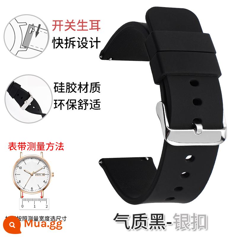 Dây đeo silicone unisex Smart Watch thể thao chống thấm mồ hôi giao diện phẳng khóa pin nữ 20/22/24mm thay thế - Khóa bạc đen khí chất