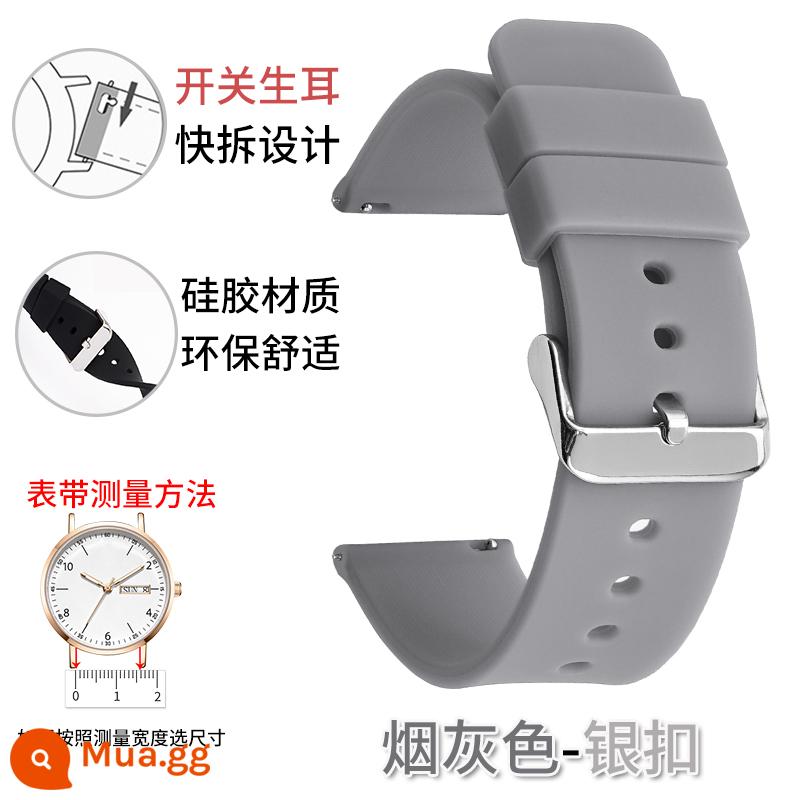 Dây đeo silicone unisex Smart Watch thể thao chống thấm mồ hôi giao diện phẳng khóa pin nữ 20/22/24mm thay thế - Khóa bạc màu xám khói