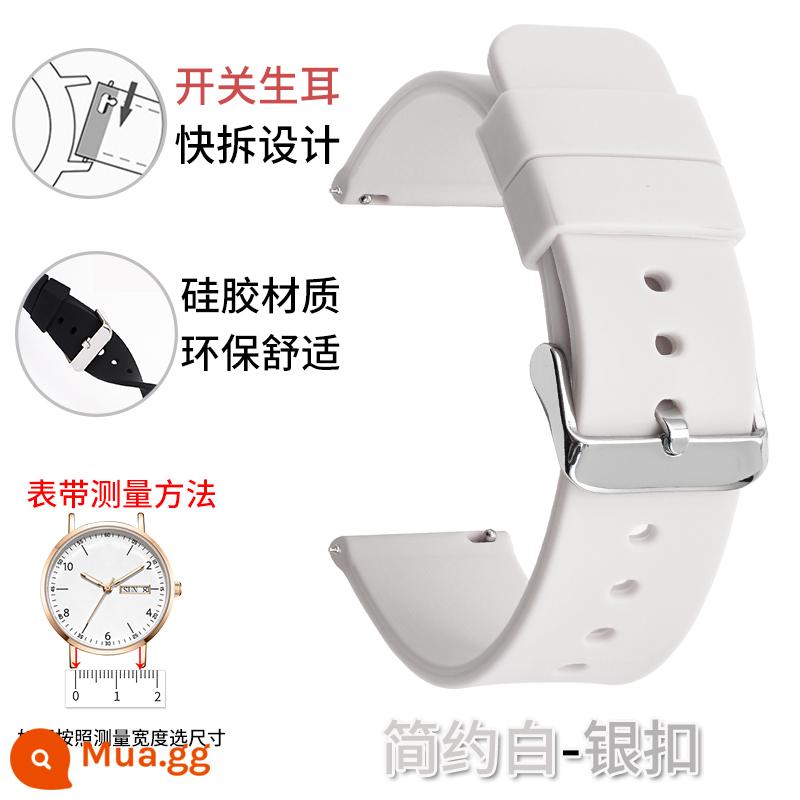 Dây đeo silicone unisex Smart Watch thể thao chống thấm mồ hôi giao diện phẳng khóa pin nữ 20/22/24mm thay thế - Khóa bạc trắng đơn giản