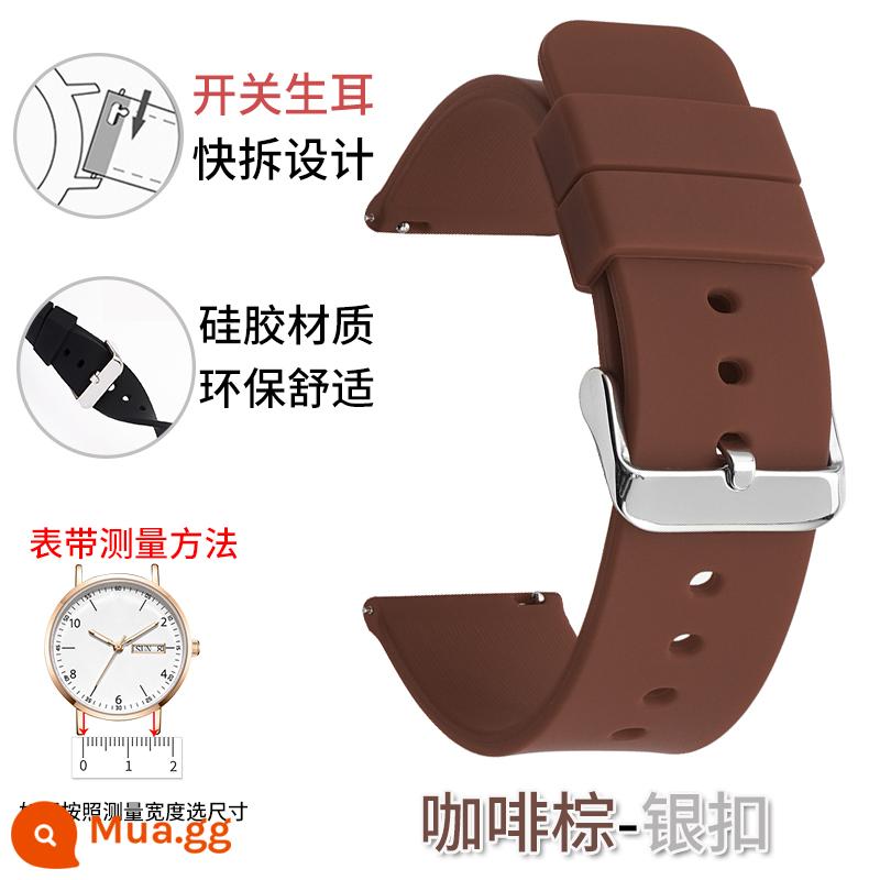 Dây đeo silicone unisex Smart Watch thể thao chống thấm mồ hôi giao diện phẳng khóa pin nữ 20/22/24mm thay thế - Khóa màu nâu bạc cà phê