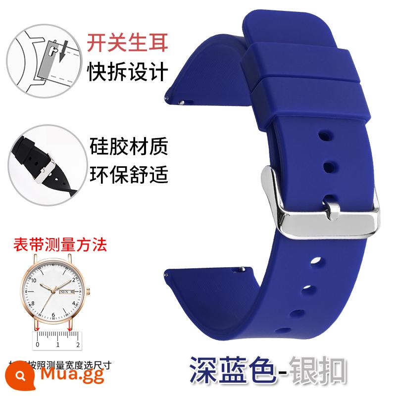 Dây đeo silicone unisex Smart Watch thể thao chống thấm mồ hôi giao diện phẳng khóa pin nữ 20/22/24mm thay thế - Khóa màu xanh bạc đậm