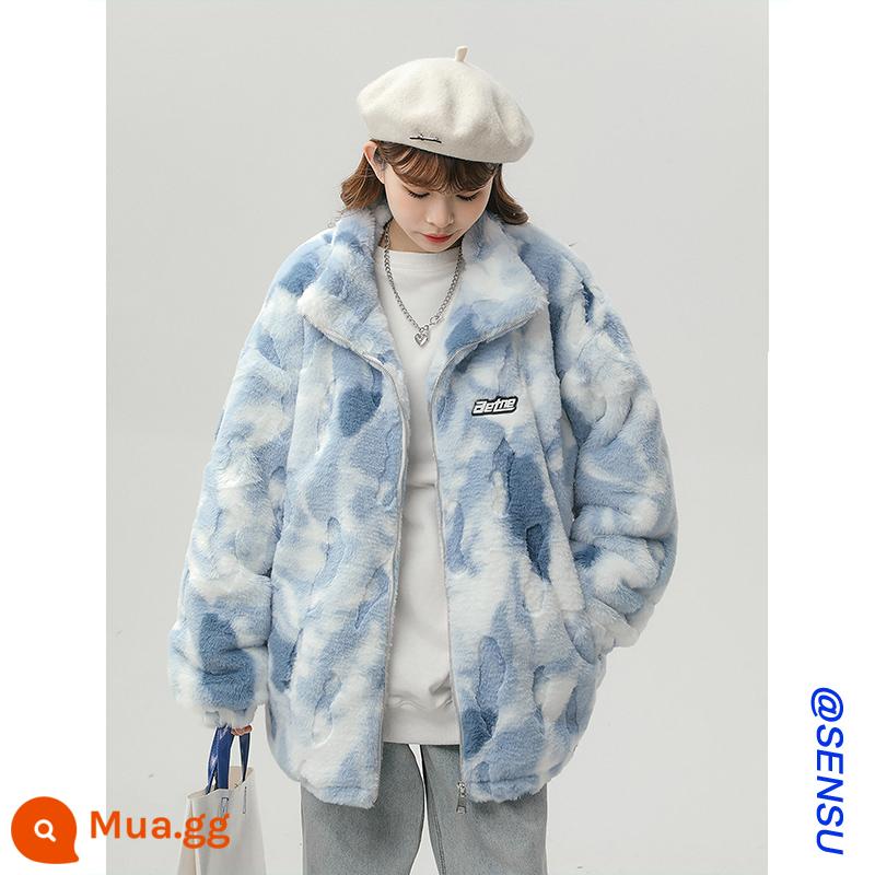 Hiphop Mỹ Quần Áo Cotton Nữ Hợp Thời Trang Thương Hiệu Mùa Đông 2022 Mới Cao Cấp Cảm Giác Plus Nhung Dày Cừu Len Bông Áo Khoác - màu xanh da trời