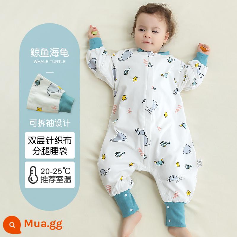 Túi ngủ cho bé xuân thu hai lớp cotton nguyên chất Túi ngủ xẻ chân cho bé Mùa thu đông phòng máy lạnh chăn bông chống đá đa năng - Rùa cá voi (hai lớp không chần bông) nhiệt độ áp dụng 20-25 độ