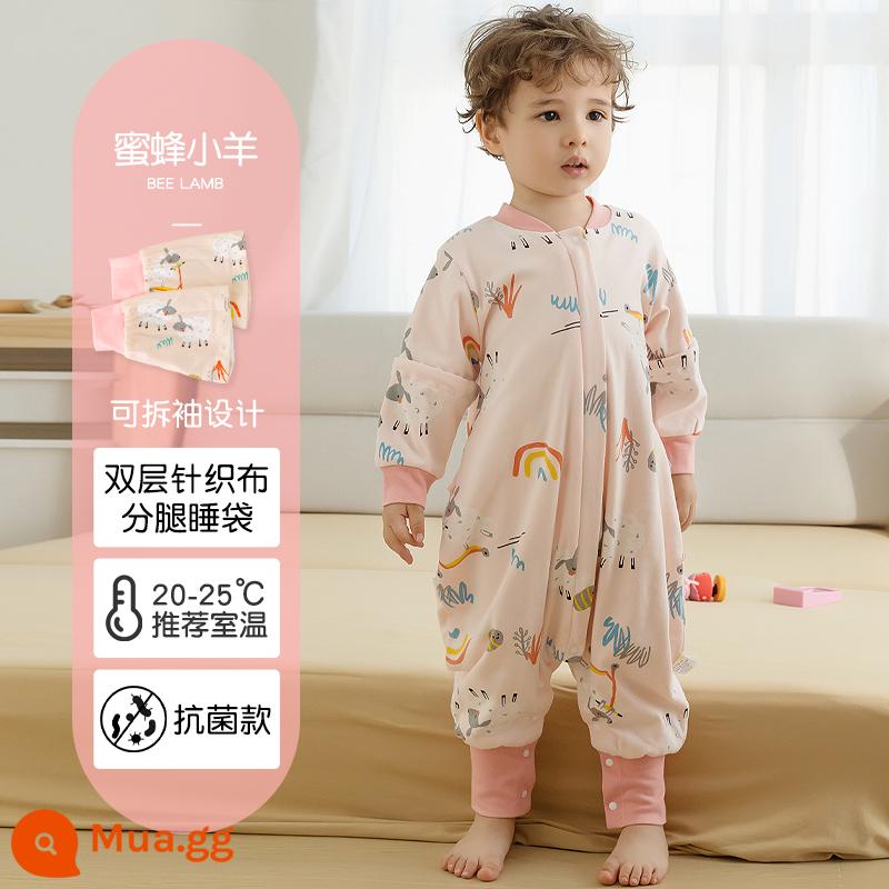 Túi ngủ cho bé xuân thu hai lớp cotton nguyên chất Túi ngủ xẻ chân cho bé Mùa thu đông phòng máy lạnh chăn bông chống đá đa năng - Cừu kháng khuẩn hai lớp màu xám nhạt không có bông