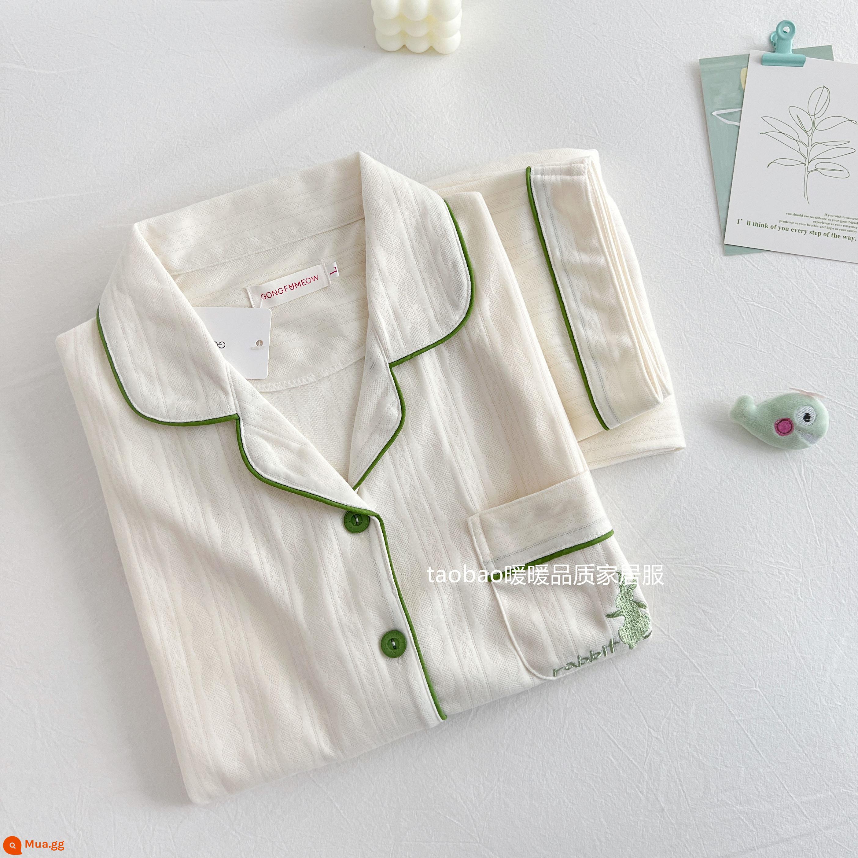 Bộ đồ ngủ dài tay bằng cotton nguyên chất màu trơn cao cấp dành cho nữ phong cách khí chất mùa xuân và mùa thu bộ đồ hai mảnh phục vụ tại nhà bằng cotton dành cho nữ - 2778-Rìa xanh