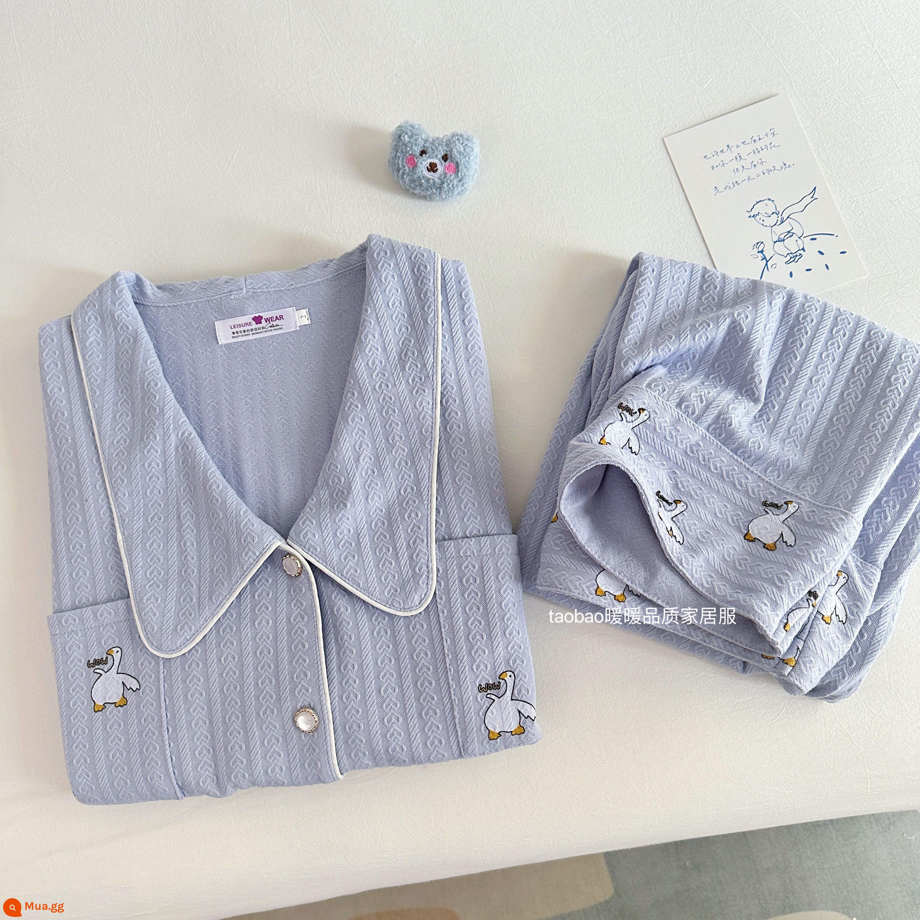 Bộ đồ ngủ dài tay bằng cotton nguyên chất màu trơn cao cấp dành cho nữ phong cách khí chất mùa xuân và mùa thu bộ đồ hai mảnh phục vụ tại nhà bằng cotton dành cho nữ - 98836-Xanh