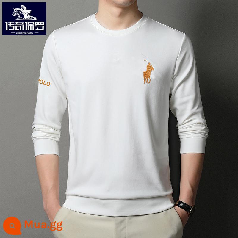 Áo thun dài tay polo nam thu đông thương hiệu xu hướng thêu áo thun cổ tròn quần dài Áo thun cotton dày dặn - Trắng [kiểu 6679] [Phong cách mùa xuân và mùa thu]