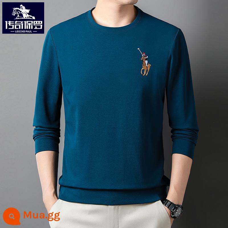 Áo thun dài tay polo nam thu đông thương hiệu xu hướng thêu áo thun cổ tròn quần dài Áo thun cotton dày dặn - Màu xanh denim [Phong cách 6868] [Phong cách mùa xuân và mùa thu]