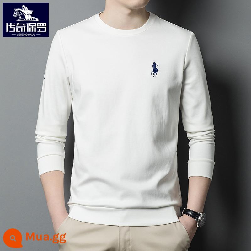 Áo thun dài tay polo nam thu đông thương hiệu xu hướng thêu áo thun cổ tròn quần dài Áo thun cotton dày dặn - Trắng [kiểu 6609] [Phong cách mùa xuân và mùa thu]