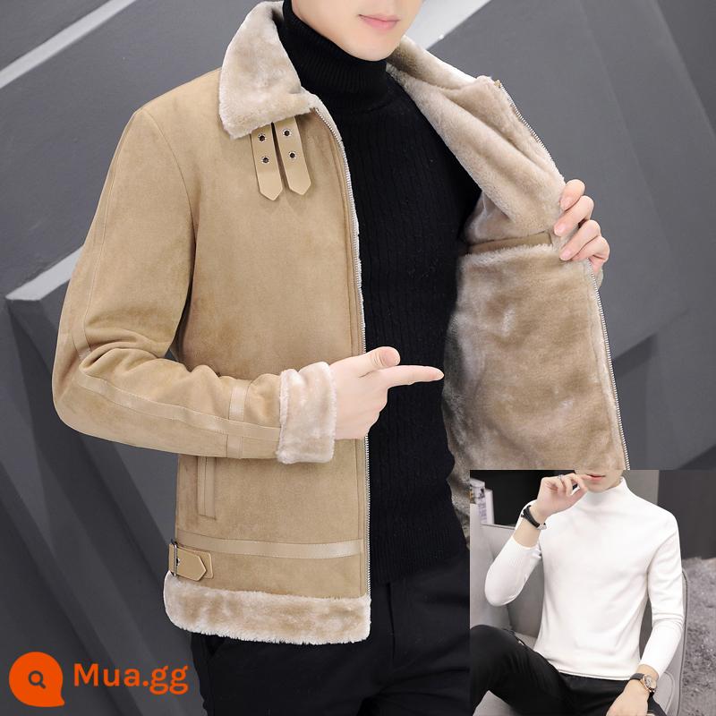 Winter Deer Epolid Velvet Male Plus Velvet dày hợp thời trang đẹp trai Phiên bản ngắn áo khoác áo khoác Winter Young Cotton áo khoác - Kaki+áo len