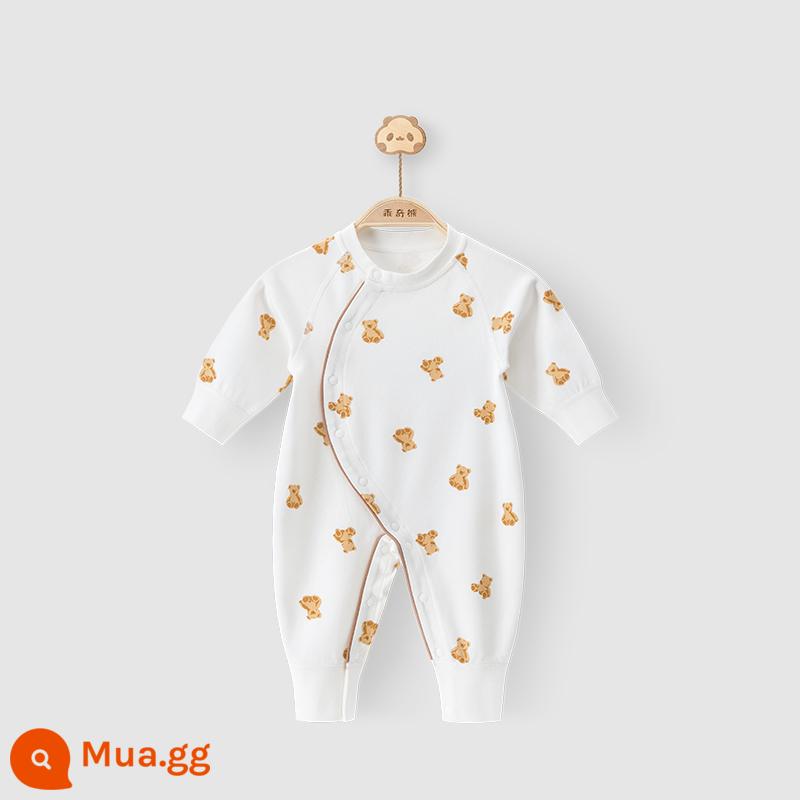 Quần áo gấu bé đẹp mùa xuân và mùa thu bộ áo liền quần bằng cotton nguyên chất sơ sinh bộ đồ ngủ dài tay cho bé ở nhà áo liền quần tập bò quần áo - Trắng/Gấu Bông