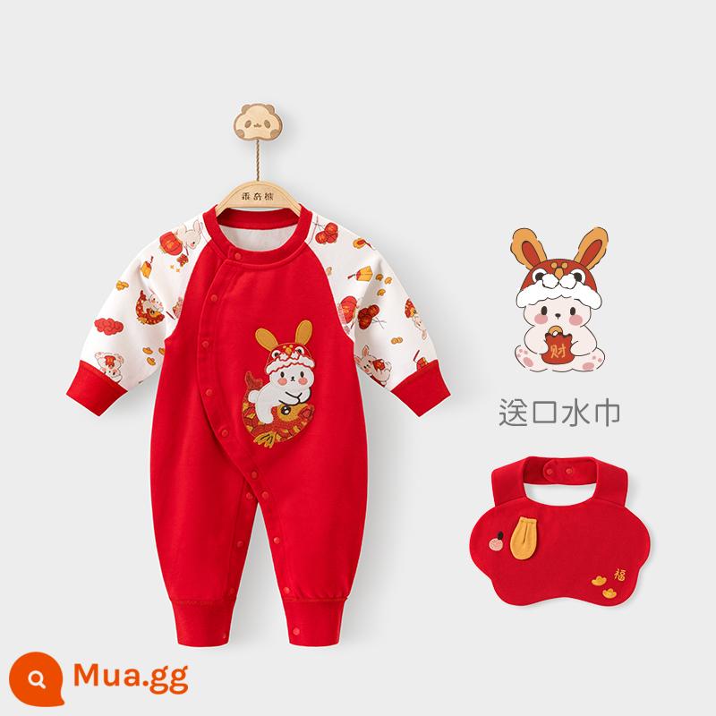 Năm con thỏ bộ quần áo cotton một mảnh xuân thu cho bé áo liền quần màu đỏ áo liền quần trăng tròn trăm ngày quần áo chúc tết - Thỏ trắng/dễ thương He Chun