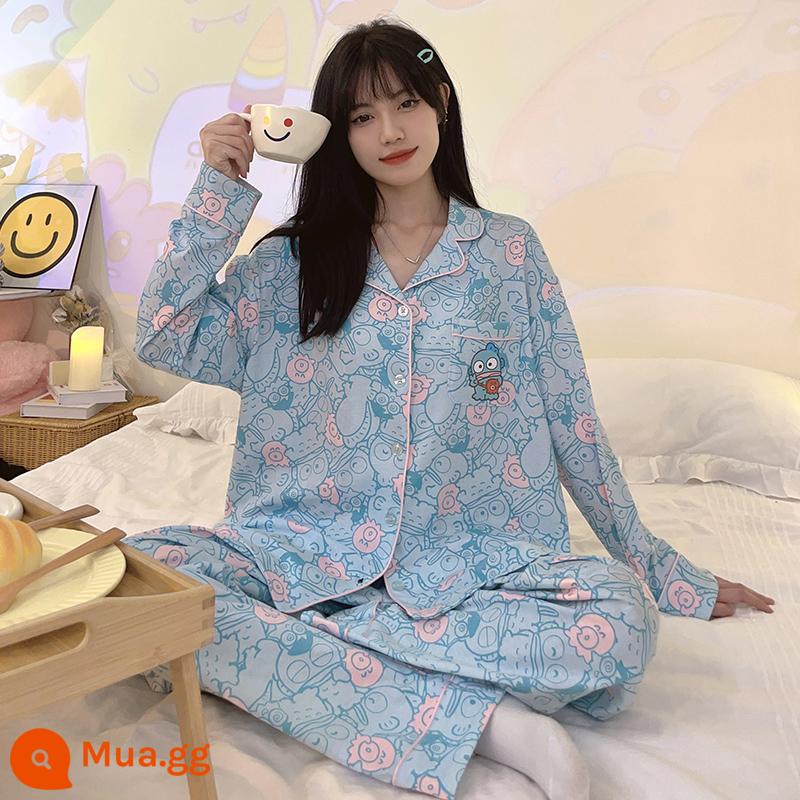 Mùa xuân và mùa thu bộ đồ ngủ dài tay phụ nữ cotton mùa hè phần mỏng mùa thu lưới đỏ phong cách gấu dâu tây dễ thương quần áo mặc nhà kích thước lớn mùa đông - 6740 nữ