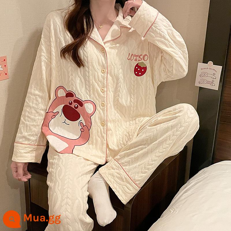 Mùa xuân và mùa thu bộ đồ ngủ dài tay phụ nữ cotton mùa hè phần mỏng mùa thu lưới đỏ phong cách gấu dâu tây dễ thương quần áo mặc nhà kích thước lớn mùa đông - H5506 Nữ [Gấu Dâu]