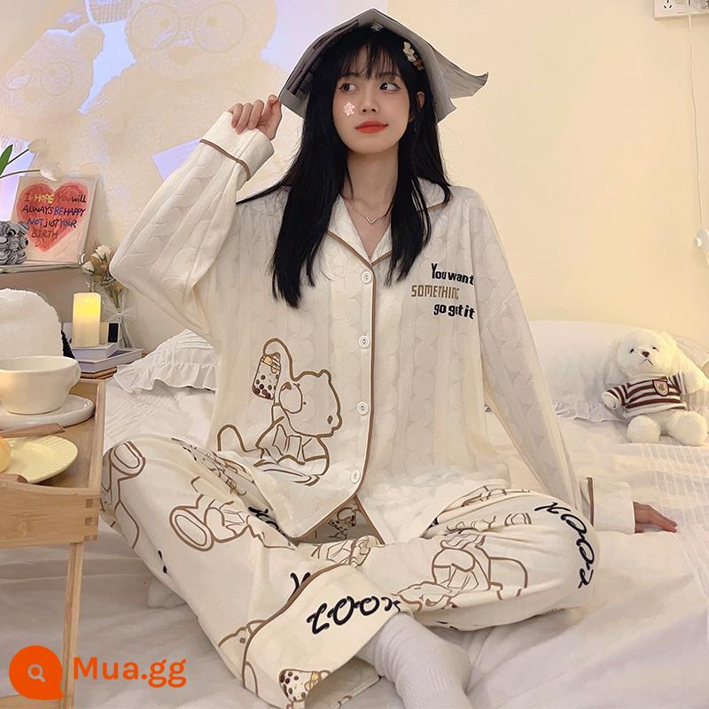 Bộ đồ ngủ mùa xuân và mùa thu nữ sinh hoạt hình 2022 cotton mới dài tay giải trí mùa đông có thể mặc bên ngoài bộ đồ phục vụ tại nhà - 3122 gấu