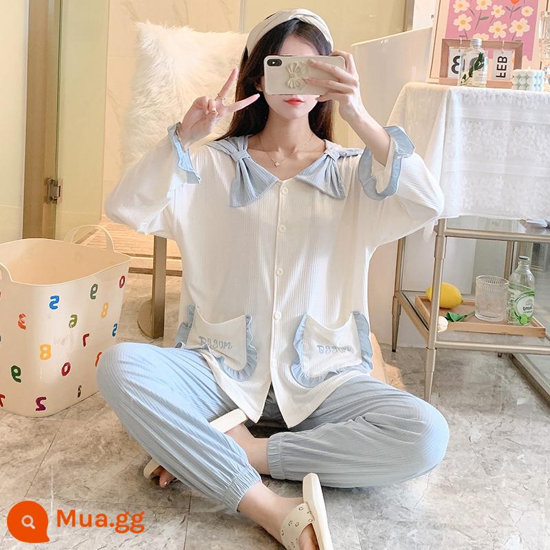 Bộ đồ ngủ mùa xuân và mùa thu nữ sinh hoạt hình 2022 cotton mới dài tay giải trí mùa đông có thể mặc bên ngoài bộ đồ phục vụ tại nhà - 12130 mỏng màu trơn ren trắng và xanh