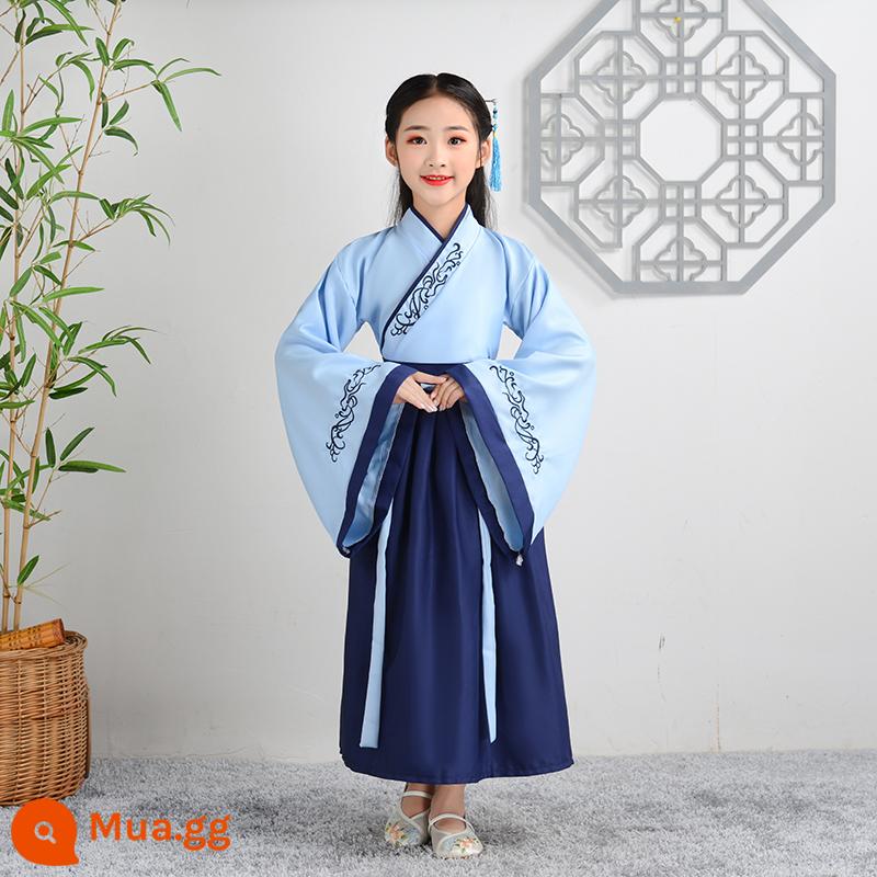 Hanfu trẻ em, tiết mục khai mạc trường mẫu giáo bé gái, trang phục bé trai phong cách Trung Hoa, đồng phục học sinh Trung Quốc, trang phục biểu diễn tiểu học nữ - Tay áo rộng màu xanh của phụ nữ