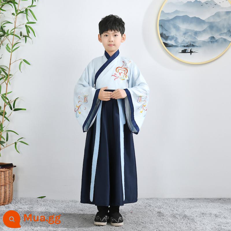 Hanfu trẻ em, tiết mục khai mạc trường mẫu giáo bé gái, trang phục bé trai phong cách Trung Hoa, đồng phục học sinh Trung Quốc, trang phục biểu diễn tiểu học nữ - Xanh nhạt + xanh navy nam F-3