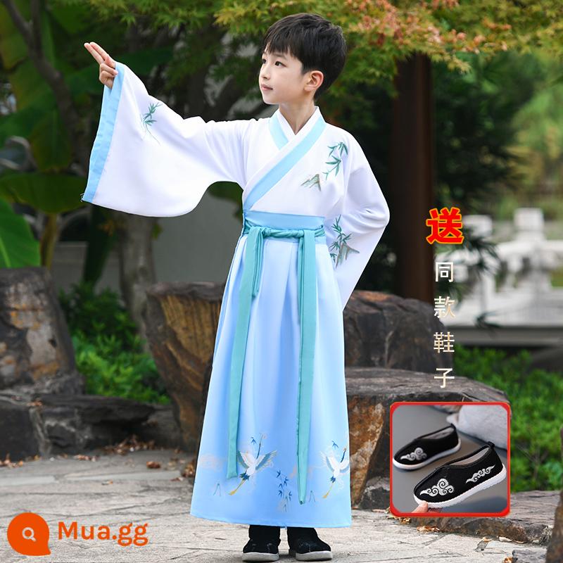 Hanfu trẻ em, tiết mục khai mạc trường mẫu giáo bé gái, trang phục bé trai phong cách Trung Hoa, đồng phục học sinh Trung Quốc, trang phục biểu diễn tiểu học nữ - Giày nam + giày in hình hạc xanh Lưu ý cỡ giày