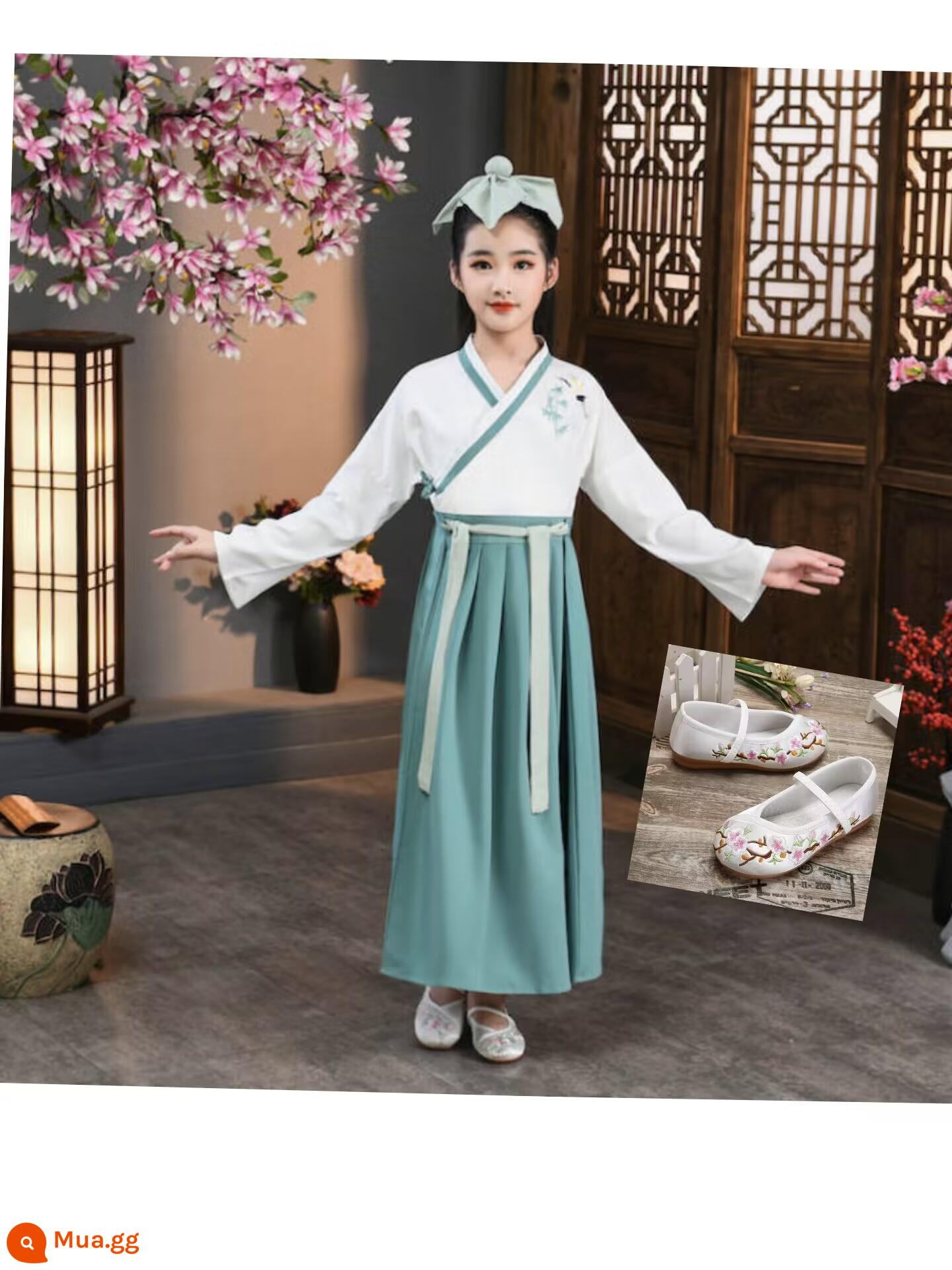 Hanfu trẻ em, tiết mục khai mạc trường mẫu giáo bé gái, trang phục bé trai phong cách Trung Hoa, đồng phục học sinh Trung Quốc, trang phục biểu diễn tiểu học nữ - Váy trắng và váy xanh + giày nữ, vui lòng ghi chú size giày.