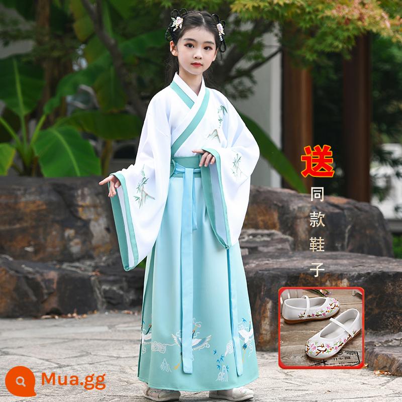 Hanfu trẻ em, tiết mục khai mạc trường mẫu giáo bé gái, trang phục bé trai phong cách Trung Hoa, đồng phục học sinh Trung Quốc, trang phục biểu diễn tiểu học nữ - Giày nữ + giày in hình hạc xanh Lưu ý cỡ giày