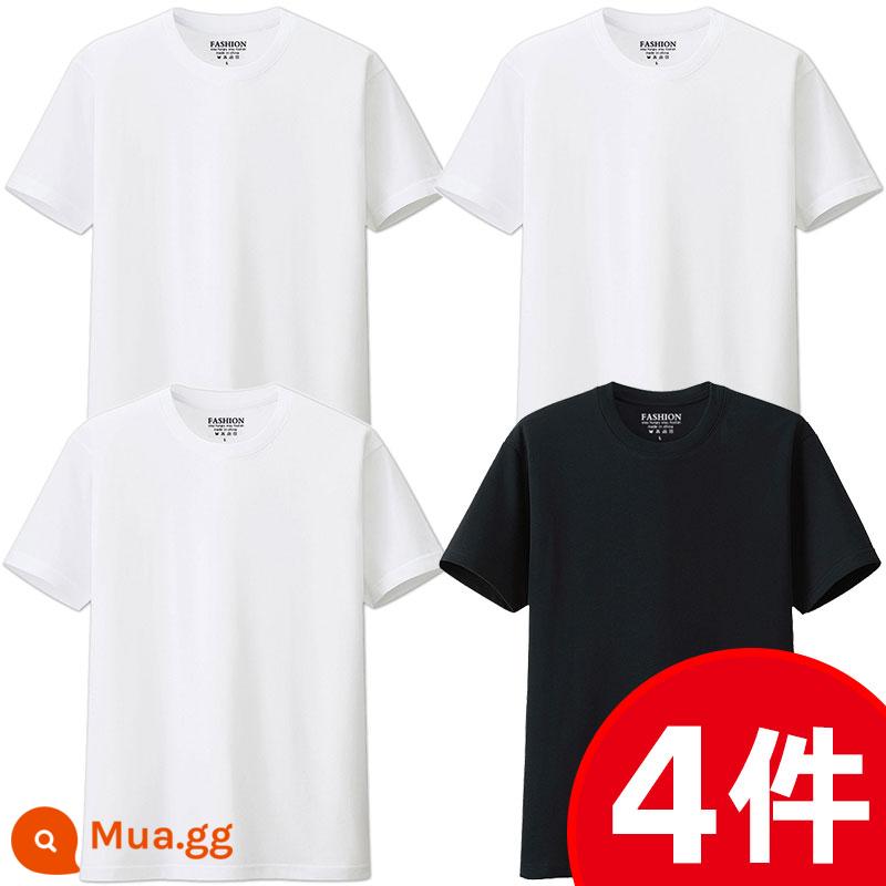 Áo thun ngắn tay màu trơn cotton nguyên chất của Nhật Bản áo sơ mi có đáy cho nam và nữ Áo thun trắng cỡ lớn Áo thun dài tay nam màu đen nguyên chất cỡ lớn nửa tay - [Trắng+Trắng+Trắng+Đen]