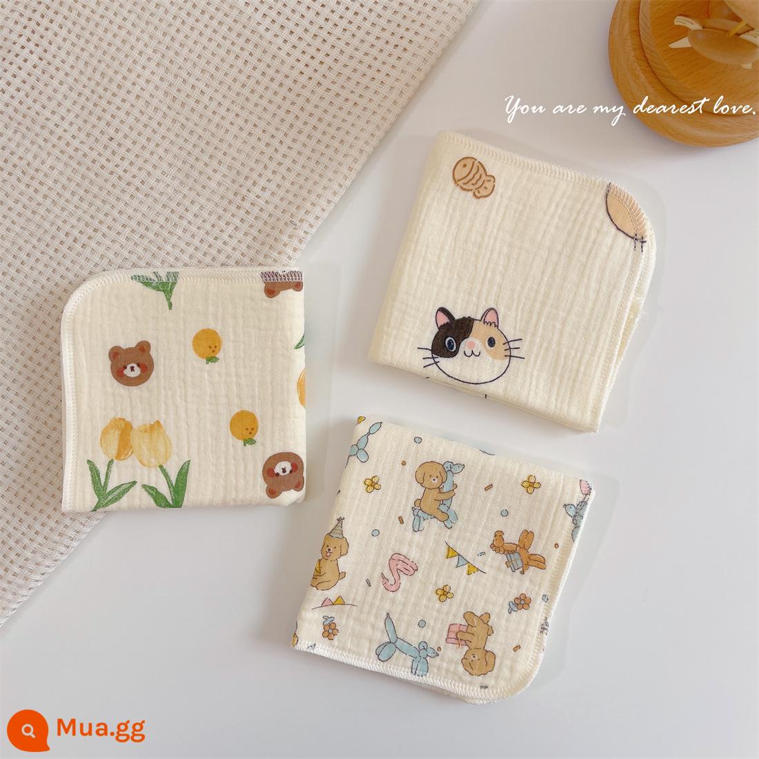 Khăn nước bọt cho bé, khăn gạc cotton nguyên chất, khăn ợ cho bé, khăn tay trẻ em, khăn lau mặt siêu mềm cho bé sơ sinh - Gấu Tulip+Mèo+Party Boy dày 6 lớp