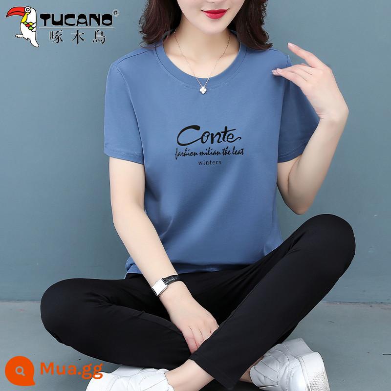 Bộ đồ thể thao cotton chim gõ kiến mùa hè mới phần mỏng ngắn tay mẹ trung niên thời trang bộ đồ hai mảnh phong cách phương Tây - Màu xanh khói mù {Bộ đồ quần}