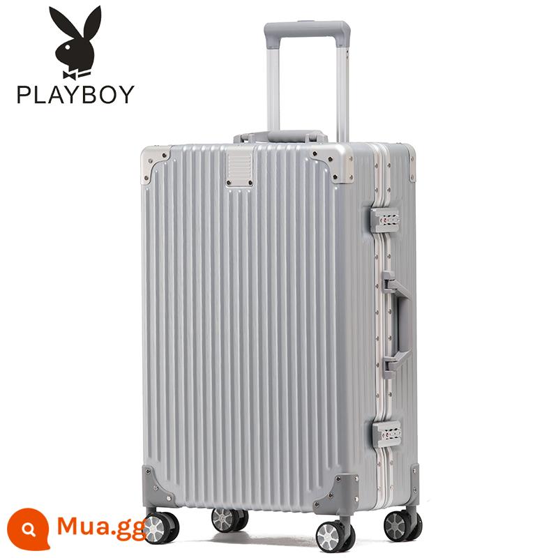 Vali Playboy Nữ 24 Inch Retro Xe Đẩy Nam Đa Năng Bánh Xe 26 Mật Khẩu Bao Da 20 Bền Dày - Khung nhôm góc vuông phong cách retro-bạc