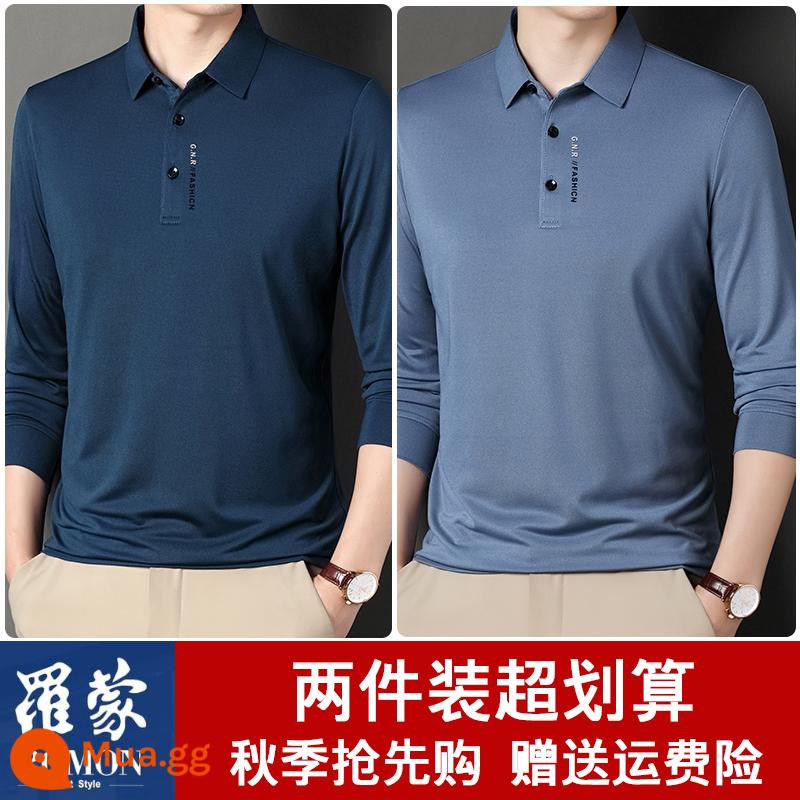 Lưu Mạnh Xuân Thu Mỏng Dài Tay Nam Dâu Tằm Lụa Ve Áo Áo Polo Nam Mercerized Đế Cotton áo Thun Hàng Đầu - Ha Qing + Blue, hai mảnh tiết kiệm chi phí hơn