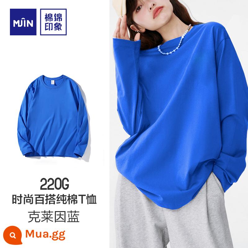 [Hiện vật đa năng] Cotton thổ cẩm ấn tượng 220G Áo thun dài tay mùa thu có đáy 100% Tân Cương chải kỹ cotton nhỏ gọn - Màu xanh Klein [phong cách unisex]