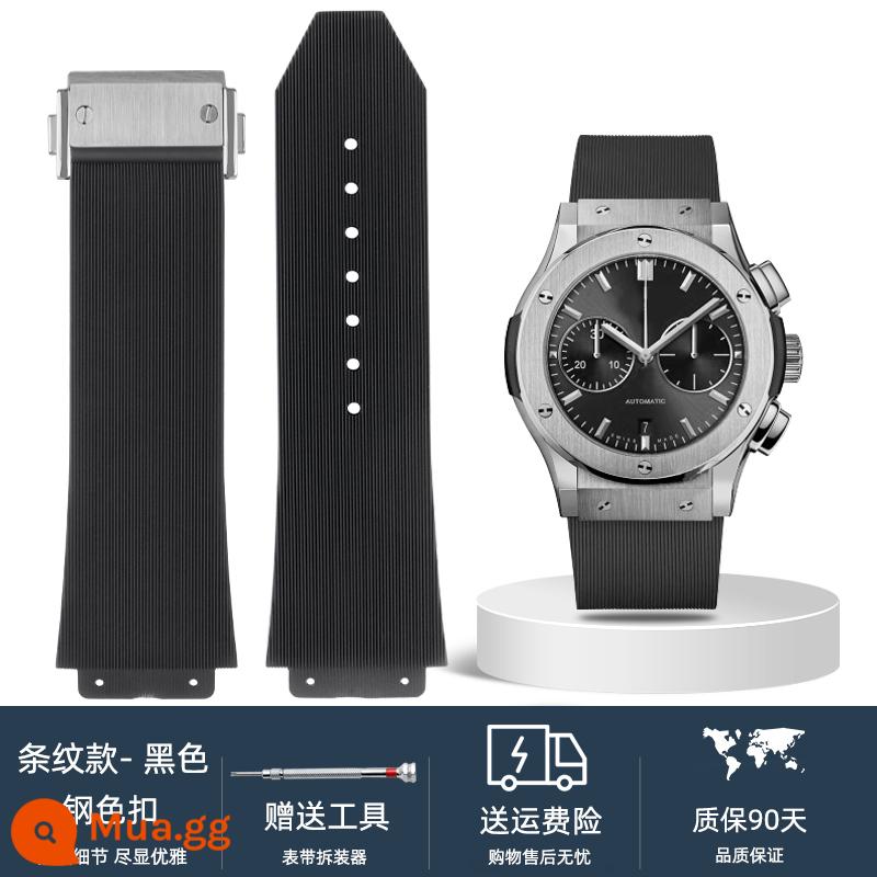 Tương thích với dây đeo HUBLOT Hengbao Hublot Big Bang classic fusion Hublot notch 19MM dây đeo cao su silicon - Mẫu sọc - khóa thép đen