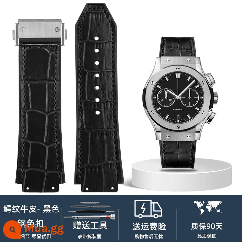 Tương thích với dây đeo HUBLOT Hengbao Hublot Big Bang classic fusion Hublot notch 19MM dây đeo cao su silicon - Khóa thép đen da bò họa tiết cá sấu