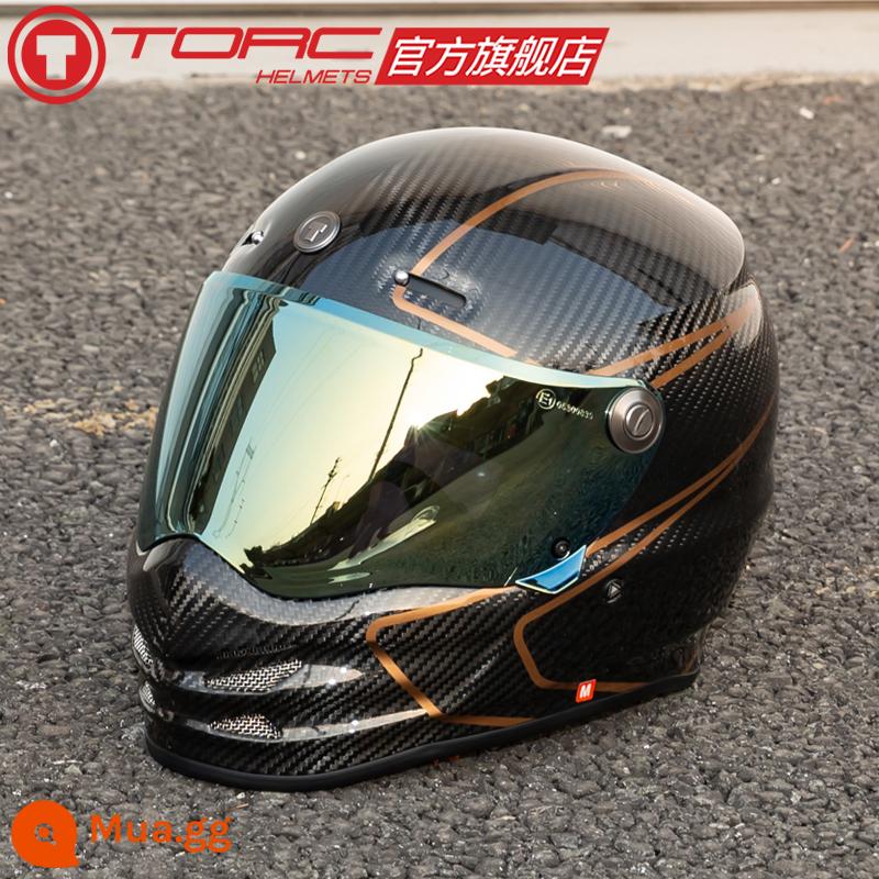 TORC xe máy sợi carbon Mũ bảo hiểm mũ bảo hiểm full size lớn 4XL Retro Harley xe máy nam nữ mùa đông T9 - Gai mặt đất bằng sợi carbon trong suốt + thấu kính vàng mạ điện