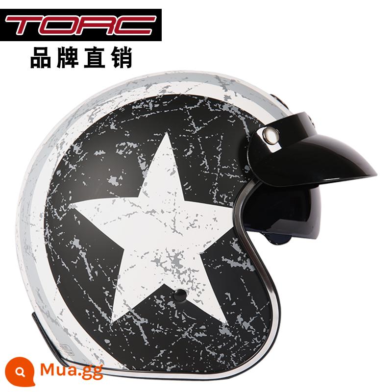 TORC đầu máy xe lửa Retro Mũ bảo hiểm nửa nam nữ mùa đông Mũ bảo hiểm Harley xe điện Mũ bảo hiểm 3C được chứng nhận cưỡi đầu màu xám - Ngôi sao trắng đen câm lặng