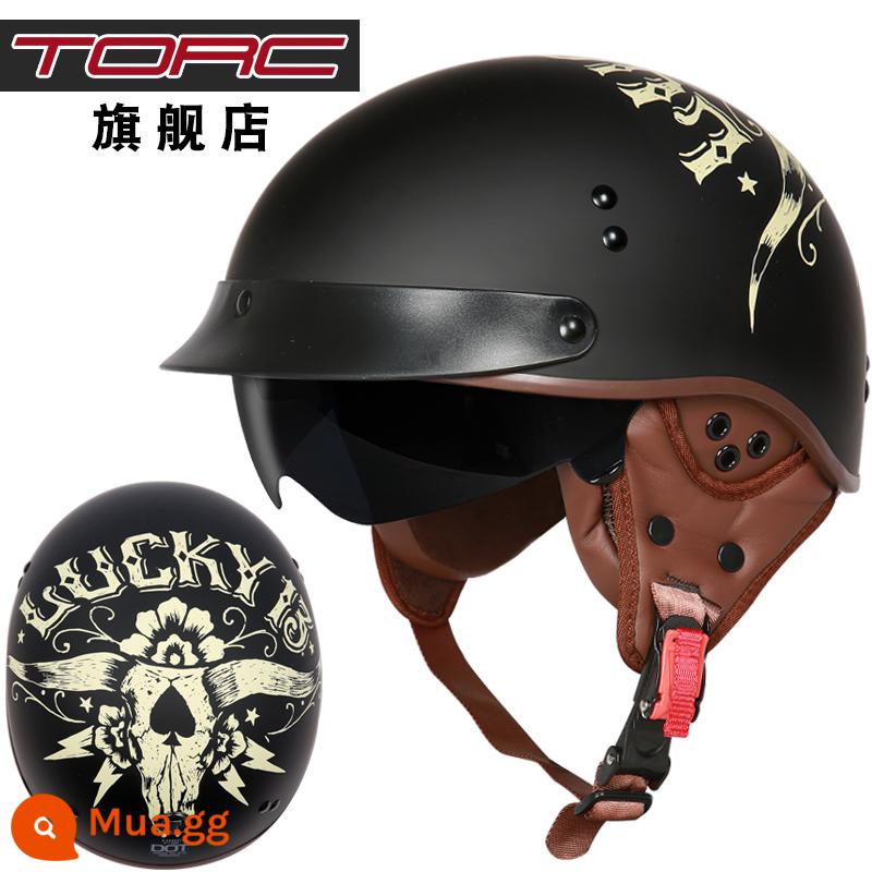 TORC đầu máy xe lửa Retro Mũ bảo hiểm nam nữ Harley Mũ bảo hiểm nửa mùa đông xe điện xe máy muỗng Mũ bảo hiểm 3C bốn mùa - Đầu bò may mắn màu đen mờ có bảo vệ tai