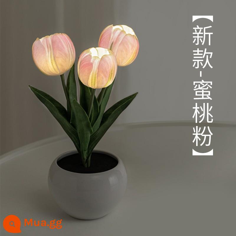 Wanhuo Hoa Hồng Đèn Bàn Trang Trí Phòng Ngủ Đầu Giường Vật Trang Trí Tulip Đèn Ngủ Ánh Sáng Cao Cấp Bầu Không Khí Ánh Sáng - [Đèn ngủ hoa tulip] Màu hồng đào-3 bông hoa-Loại pin nút