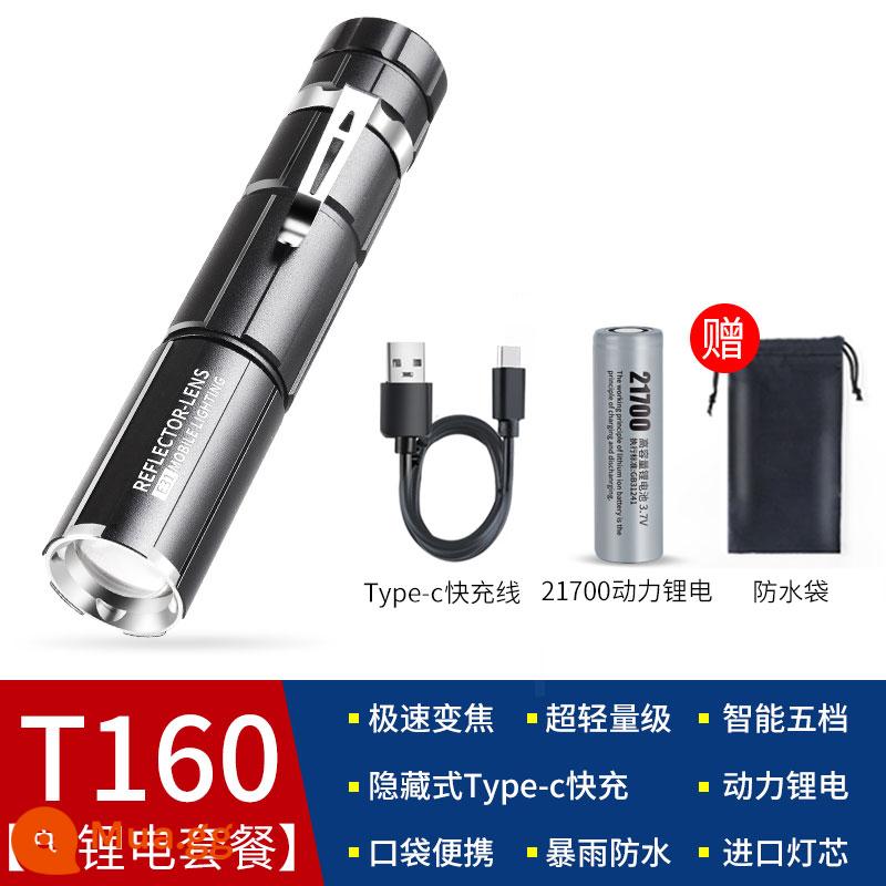 Đèn pin siêu sáng Rini sạc ngoài trời nhỏ chống chói mini nhỏ bền pin xenon di động chiếu sáng xa - [Gói pin lithium đơn năm] Pin lithium T160-21700 - zoom siêu cơ học - chế độ sạc ẩn