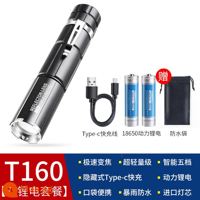 Đèn pin siêu sáng Rini sạc ngoài trời nhỏ chống chói mini nhỏ bền pin xenon di động chiếu sáng xa - [Gói pin lithium kép 2] Pin lithium T160-18650 - zoom siêu cơ - chế độ sạc ẩn