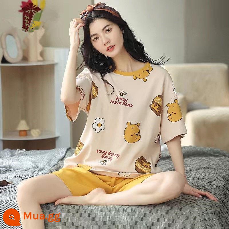 Bộ đồ ngủ mới quần short ngắn tay mùa hè của phụ nữ có thể mặc ra ngoài phục vụ tại nhà Bộ đồ lưới màu đỏ phong cách mùa hè 2023 mỏng mới - Đầu Winnie the Pooh [bộ]