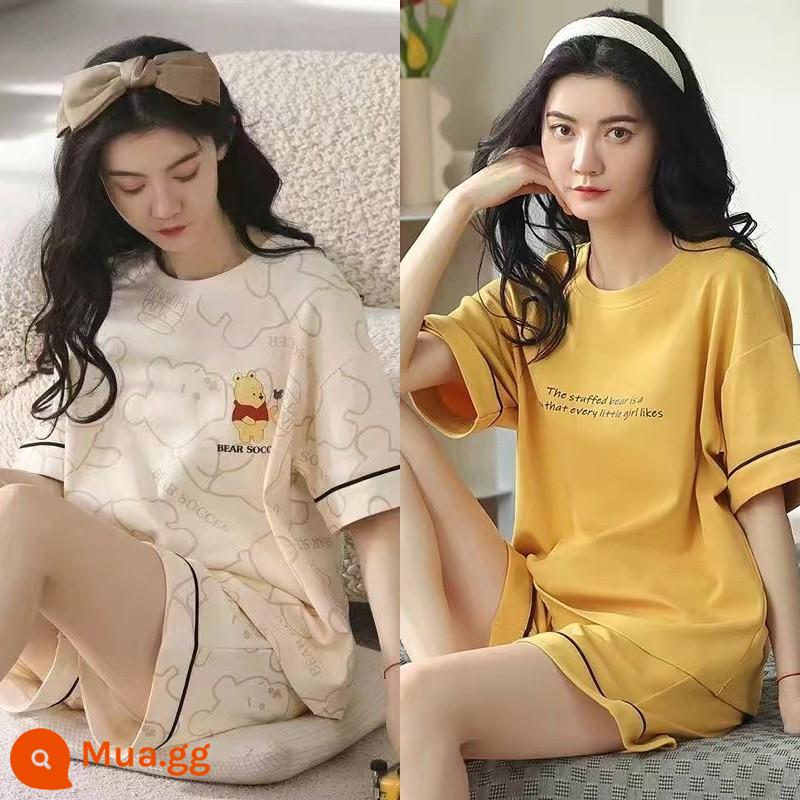 Bộ đồ ngủ mới quần short ngắn tay mùa hè của phụ nữ có thể mặc ra ngoài phục vụ tại nhà Bộ đồ lưới màu đỏ phong cách mùa hè 2023 mỏng mới - Winnie the Pooh + Ngôn ngữ ánh nắng mặt trời