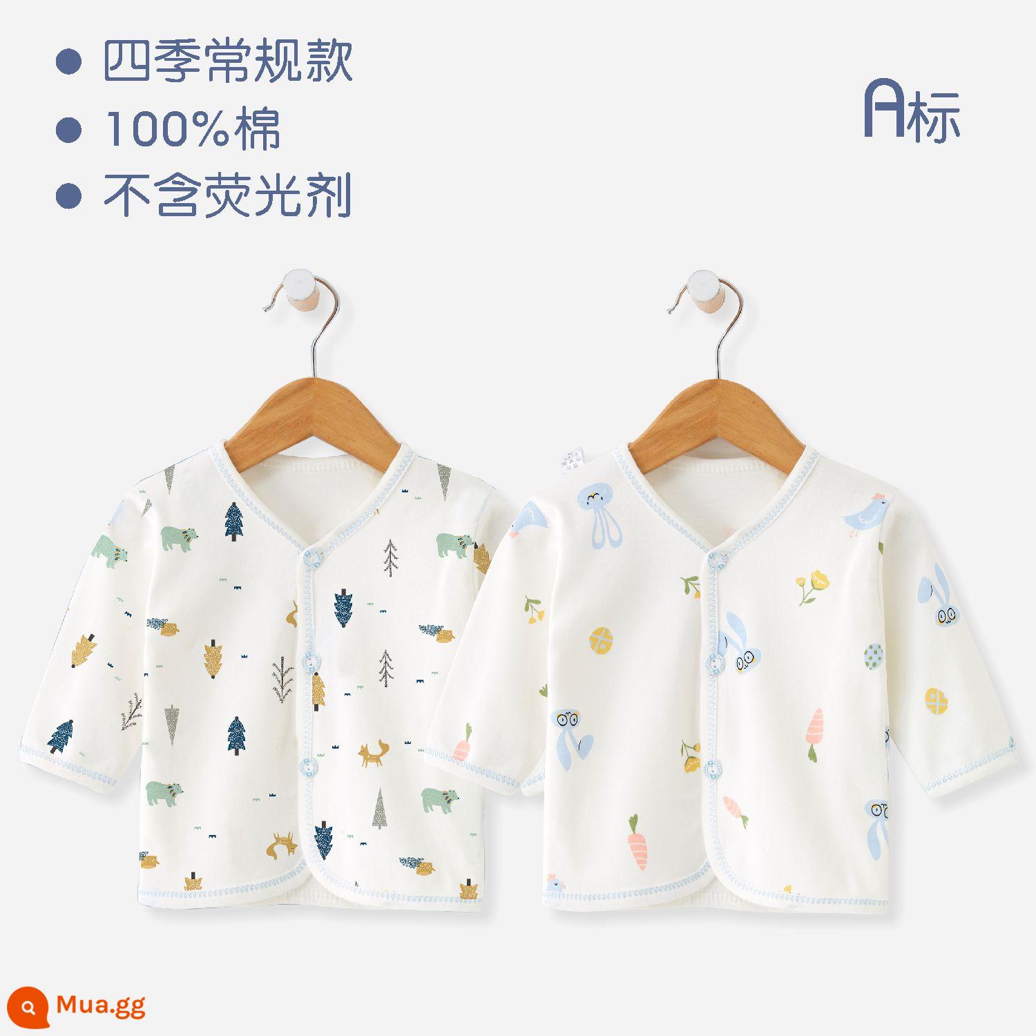 Quần áo sơ sinh, áo, quần áo tu sĩ, quần áo mùa thu cho trẻ sơ sinh bằng vải cotton nguyên chất, đồ lót trẻ em xuân thu, quần áo hở lưng không xương - Nút thú rừng + nút thỏ xanh Bốn mùa cotton nguyên chất toàn lưng