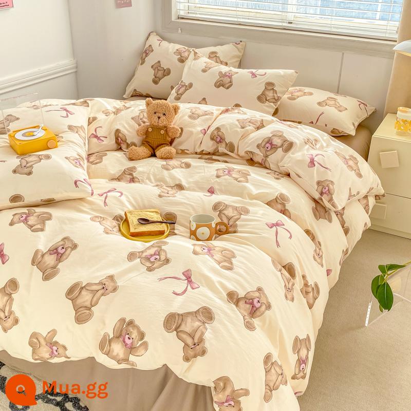 Loại A Bộ bốn mảnh sợi hai lớp đã giặt bằng vải cotton Vỏ chăn ga trải giường dễ thương tươi mới trong ký túc xá Bộ ba mảnh bằng cotton nguyên chất - Fairy Bear [Sợi hai lớp loại A]