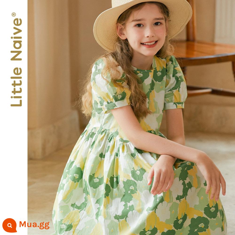 LittleNaive Đầm trẻ em cỡ trung và lớn phong cách mùa hè hoa tulip cotton dáng rộng đầm công chúa ngọt ngào cho bé gái - hoa xanh