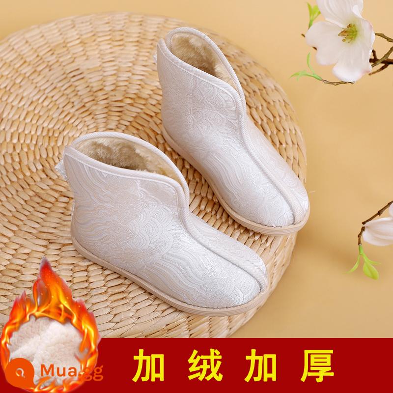 Bắc Kinh Cũ Giày Vải Trẻ Em Thêu Giày Bé Trai Hanfu Giày Phong Cách Trung Hoa Trình Diễn Xuân Thu Vải Bố Trang Phục Giày - Giày bốt cotton gấm nhẹ sang trọng màu trắng chất lượng cao