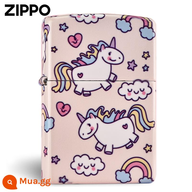 Bật lửa Zippo chính hãng chính hãng màu hồng đầy sao kỳ lân zioopo quà tặng cậu bé hoạt hình dễ thương - Kỳ lân in màu bầu trời đầy sao [máy đơn không dầu]